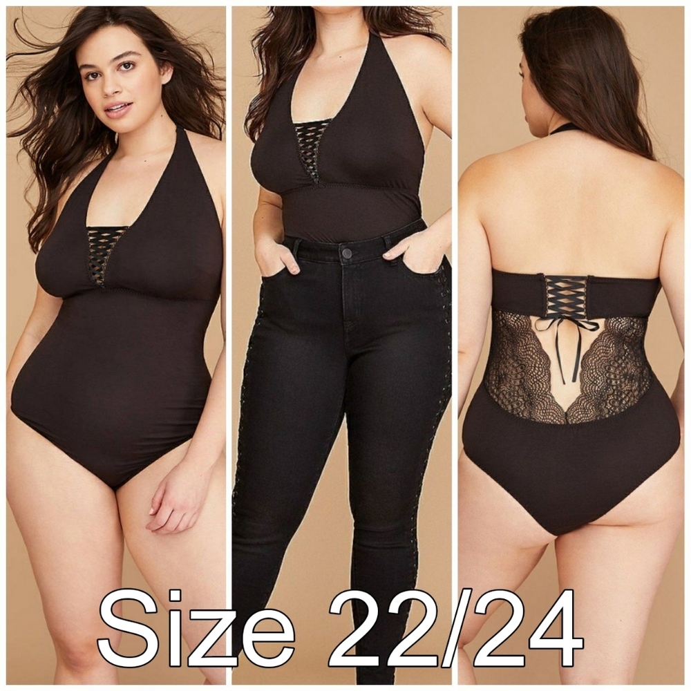 ❤️NWT Lane Bryant Cacique Black Lace-Up Back No Wire Bodysuit, Plus Size 22/24